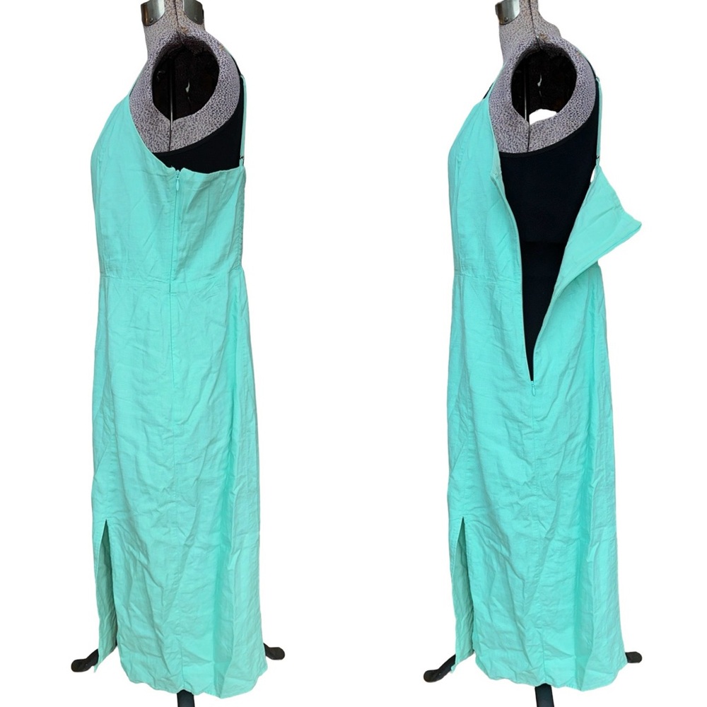 J.Crew Linen Blend Sunwashed Mint Midi Dress Size 14 Smocked Back Side Slit - Picture 4 of 15